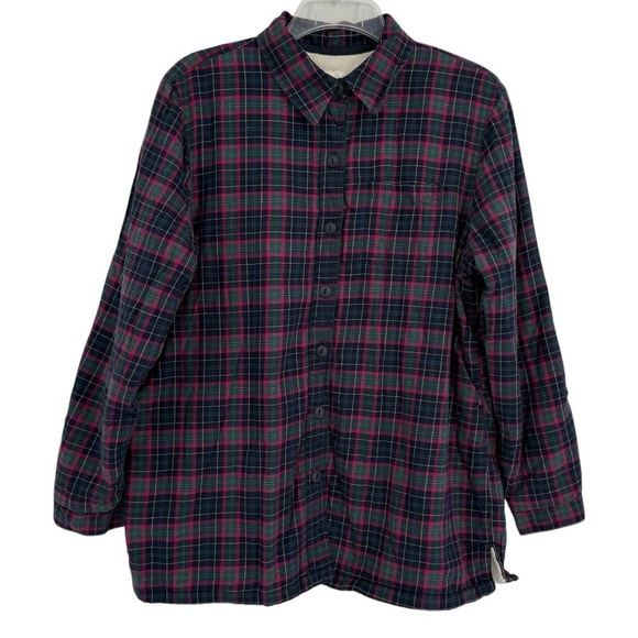 LL Bean Shirt Jacket Womens Size M Fleece Lined Flannel Plaid Button Up Blue Red - Picture 1 of 10